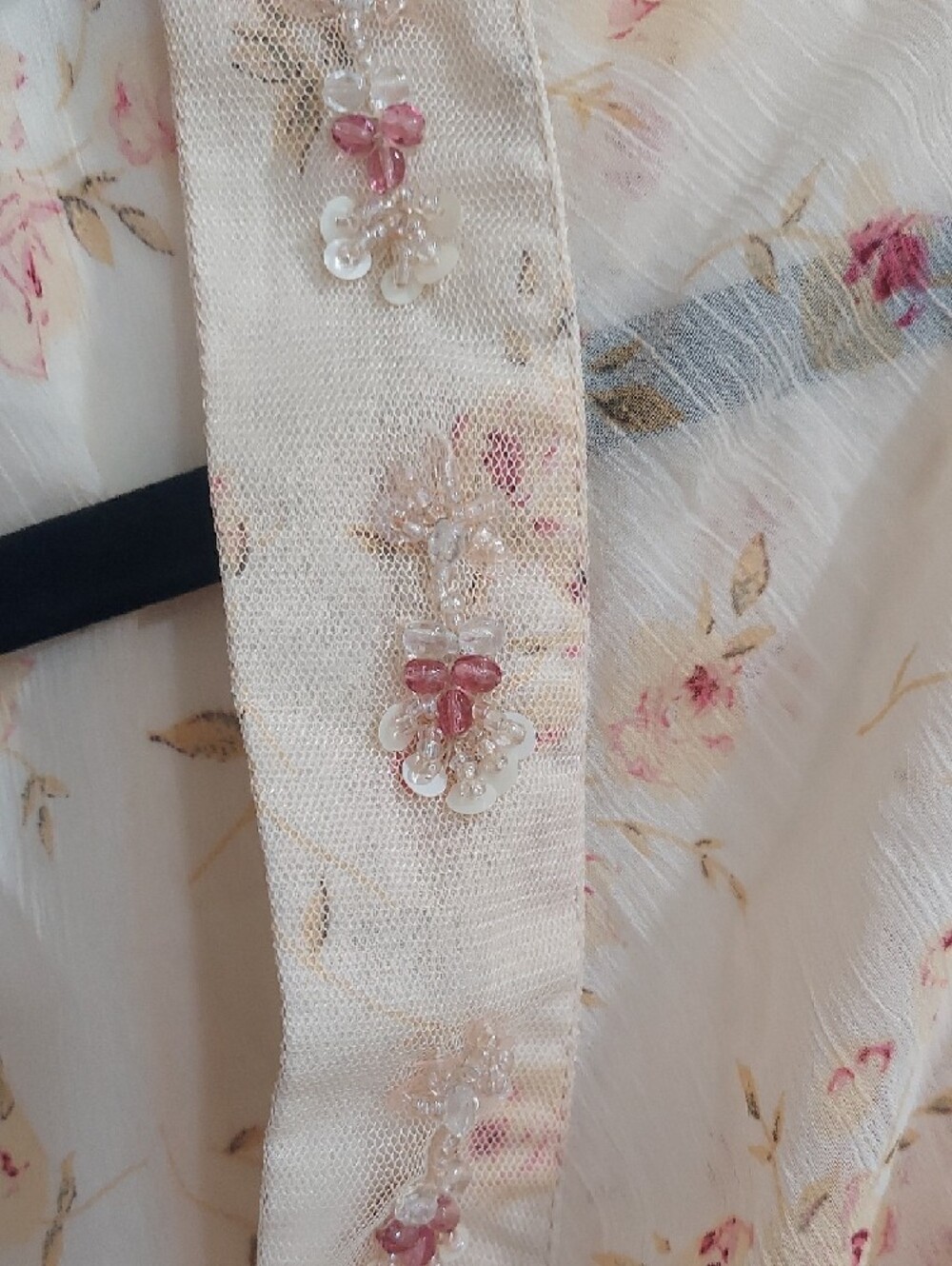 Women's Sheer Floral Tie-Front Blouse - Cream with Pink Floral - Picture 7 of 10